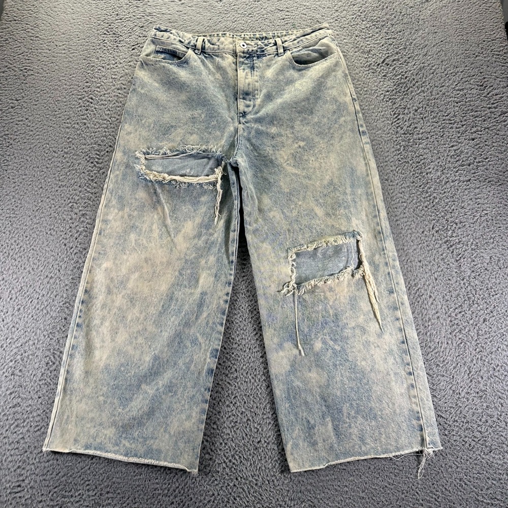 Collusion X007 Jeans Mens 34x30 Blue Denim Cotton Wide-Leg Acid Wash Distressed